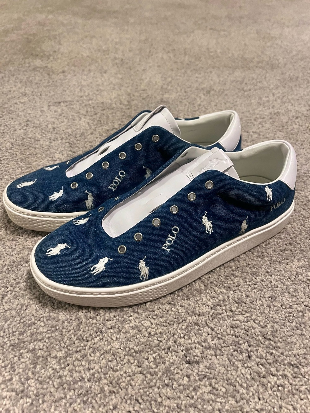Polo by Ralph Lauren white and Blue Denim Court Sneakers, Pony All Over Logo